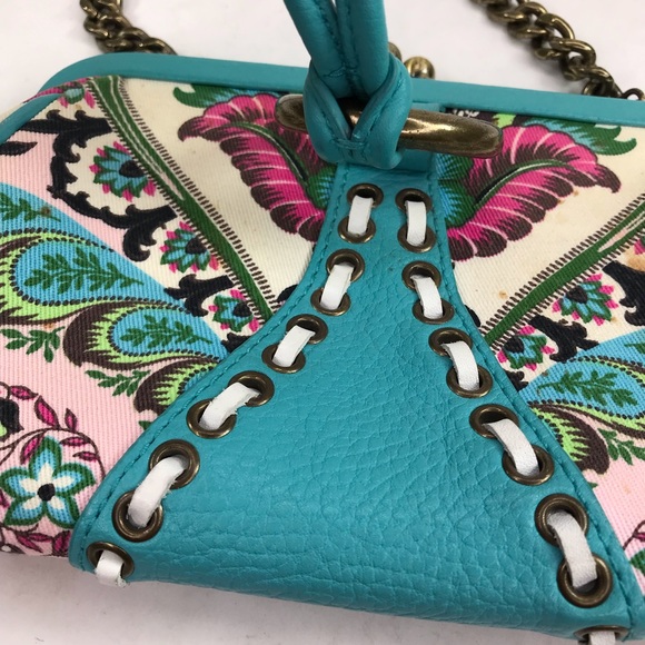 Isabella Fiore Canvas Leather Clutch Shoulder Bag Paisley Teal Pink Tassel Purse - Picture 5 of 12